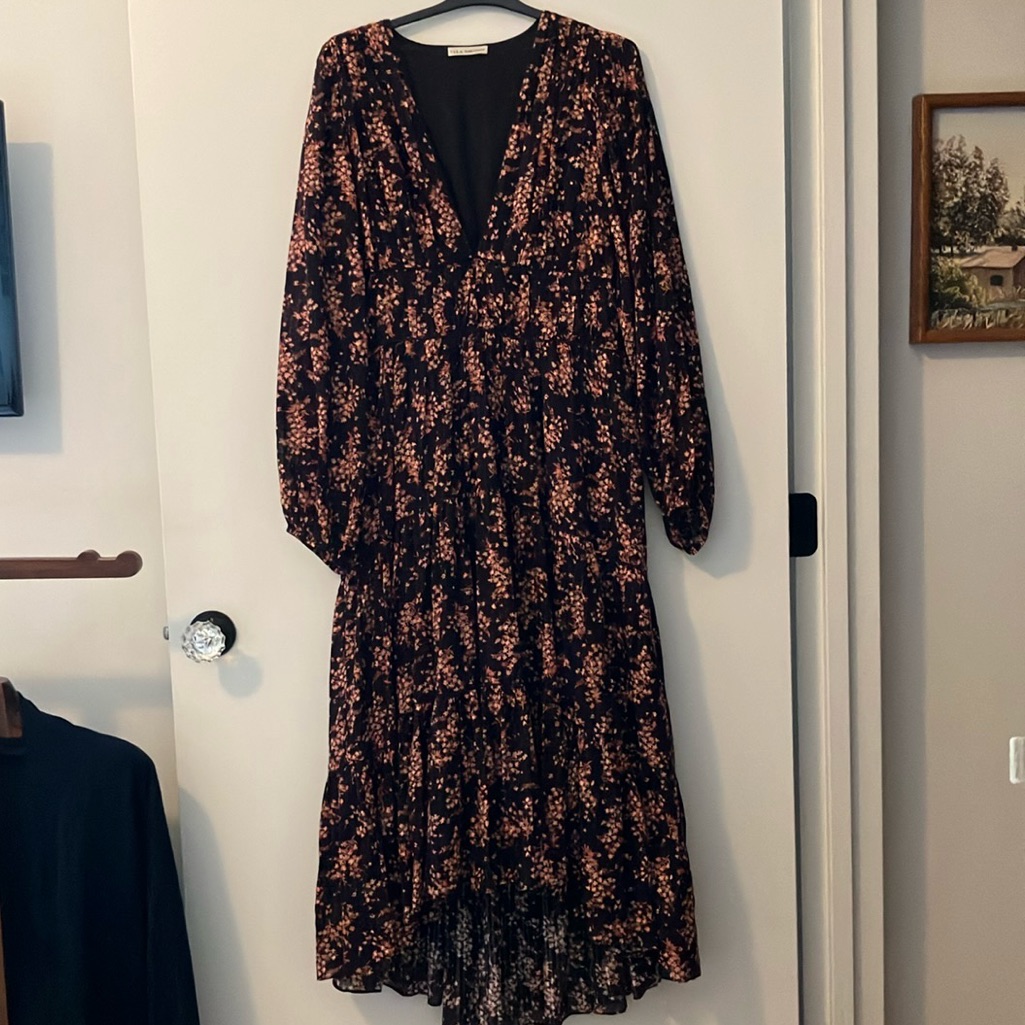 Ulla Johnson Black Dress With Copper Floral Print Long Sleeve